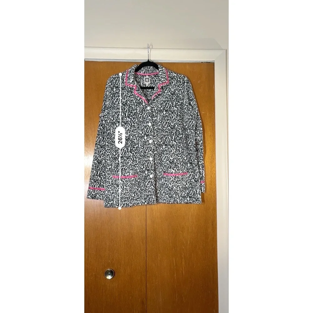 Anne Klein Womens Leopard Print Fleece Pajama‎ Set Button Up Pants Pink Trim Med